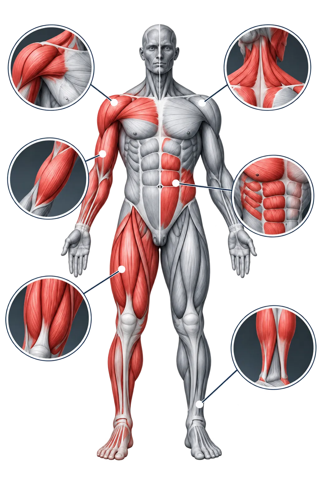 Individual muscle groups highlighted with enlarged detail views