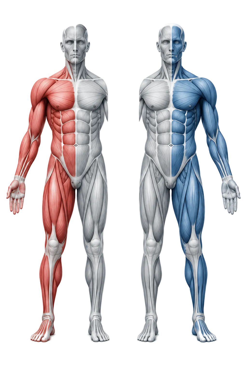 Left and right sides with different muscle groups highlighted in red and blue