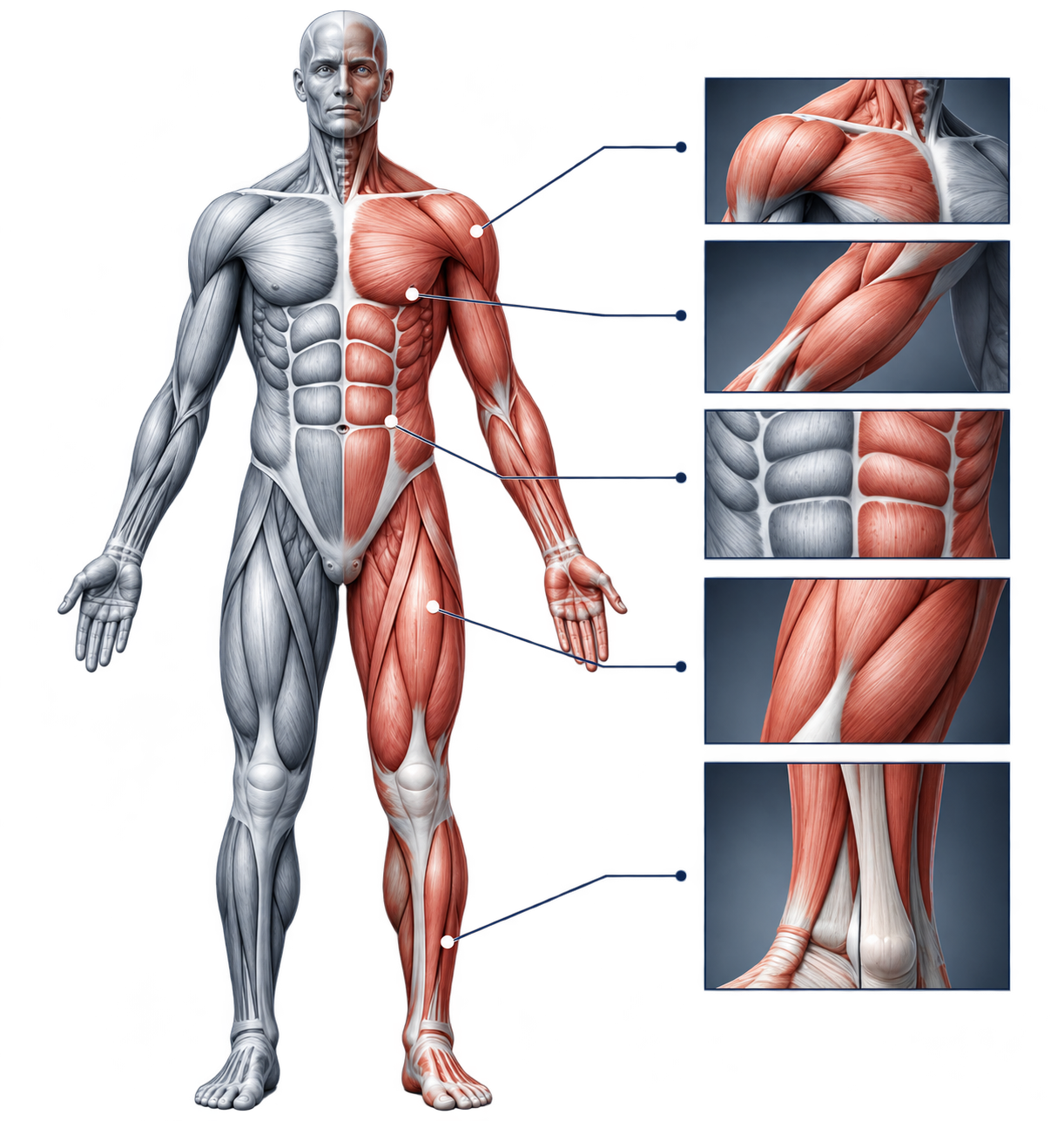 Human muscular system with enlarged views of individual muscles