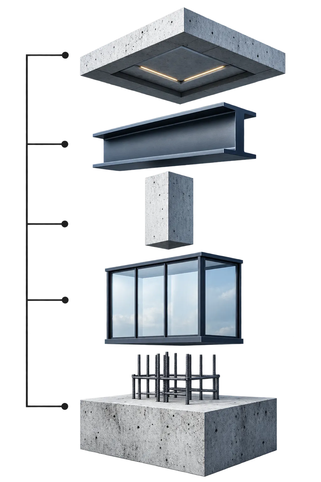 Separate roof, beam, column, window, and foundation components