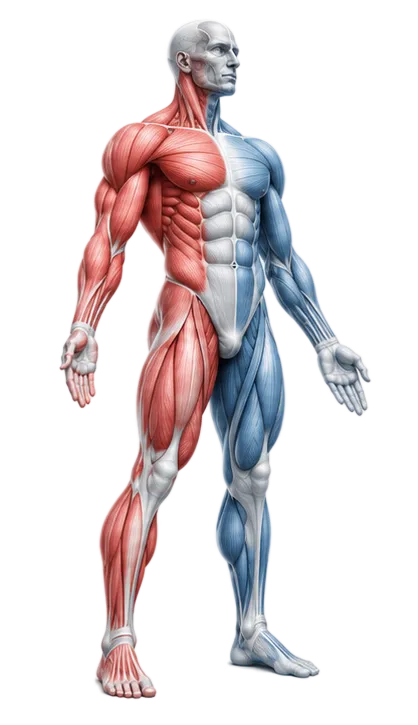 Left and right sides with different muscle groups highlighted